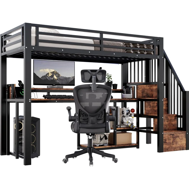 Hochbett, 90 x 200 cm, Metallbettgestell, Leiterschrank, Ablagefach, USB + Typ-C, LED-Lichtleiste, Ohne Matratze, Schwarz – Bild 5