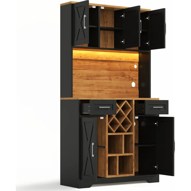 ZUBALIYA hoher Stauraumschrank mit LED-Beleuchtung / Vorratsschrank mit Weinregalen, mit weinschrank & Vitrinenschrank für Wohnzimmer und Esszimmer, 180 x 105 x 40 cm, fürs Wohnzimmer, mit Schubladen – Bild 2