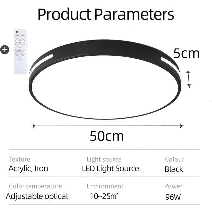 Natsen Deckenleuchte LED Deckenlampe, 96W, Voll dimmbar mit Fernbedienung, 3000K-6000K, Warmweiß bis kaltweiß, Rund Leuchte für Wohnzimmer, Gastzimmer, Büro (Schwarz 50x50x5cm) – Bild 4