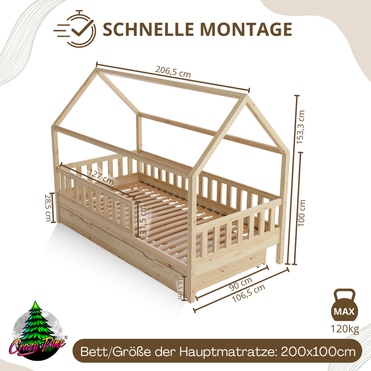 Crazy Pine 'Crazy Blanco' Hausbett mit Rausfallschutz, Skandinavisches Design, Naturholz, Natur, 100x200 cm, mit Ausziehbett – Bild 2