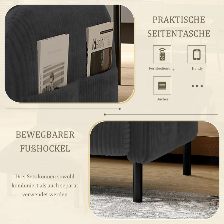 LVHOM 2-Sitzer Sofa mit Metallsockel, Doppelsofa Cordstoff mit Seitentaschen, Polstersofa Stoffsofa Sitzmöbel Loungesofa, 120x79x75cm – Bild 7