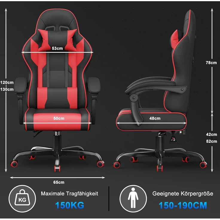 Devoko Gaming Stuhl mit Massagefunktion, Bürostuhl Ergonomisch mit Verstellbarer Ruckenlehne (90-135), Schreibtischstuhl mit Bewegliche Armlehne, max 150kg, rot – Bild 4