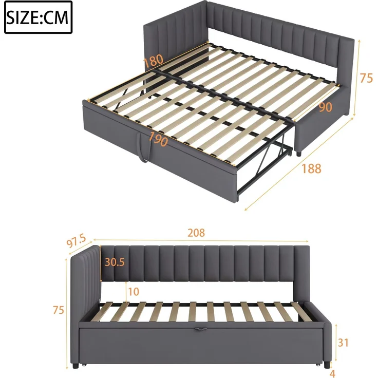 Multifunktionales L-förmiges Schlafsofa mit Ausziehbett 90/180*200cm, Polsterbett in Samtstoff, platzsparendes Design für Kinderbett, Gästebett Grau – Bild 8