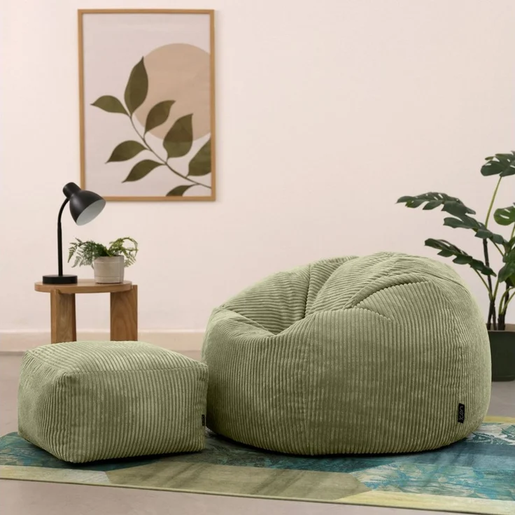 Icon Kingston Sitzsack mit Hocker Cord, Salbeigrün, Sitzsack Erwachsene mit Füllung, Bean Bag, Cord Sessel, Lounge Sessel, Lounge Stuhl, Schlafzimmer, Wohnzimmer, Wohnzimmer Möbel – Bild 3