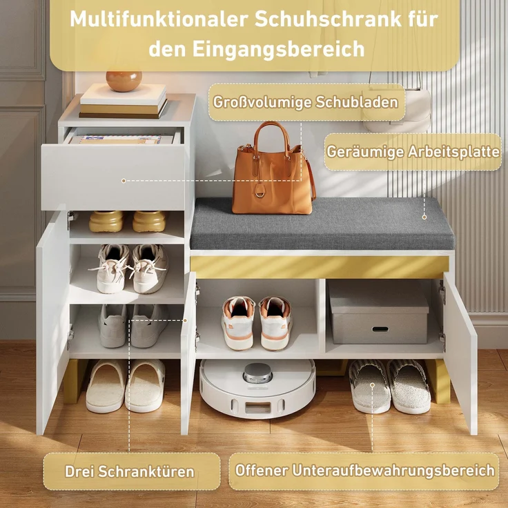 Schuhschrank MDF mit Sitzbank & Schublade, 120x35x85 cm, Weiß – Bild 8