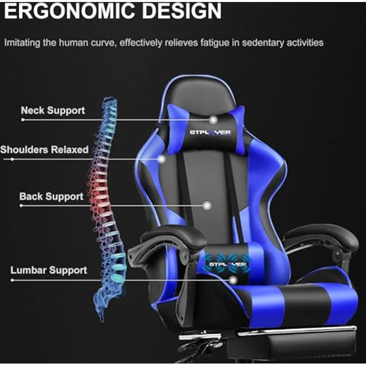 GTPLAYER Bürostuhl Gaming Stuhl Gaming Sessel Ergonomischer Gamer Stuhl mit Fußstütze, Kopfstütze Lendenkissen, Gepolstert Gaming Chair, Drehsessel Blau – Bild 8