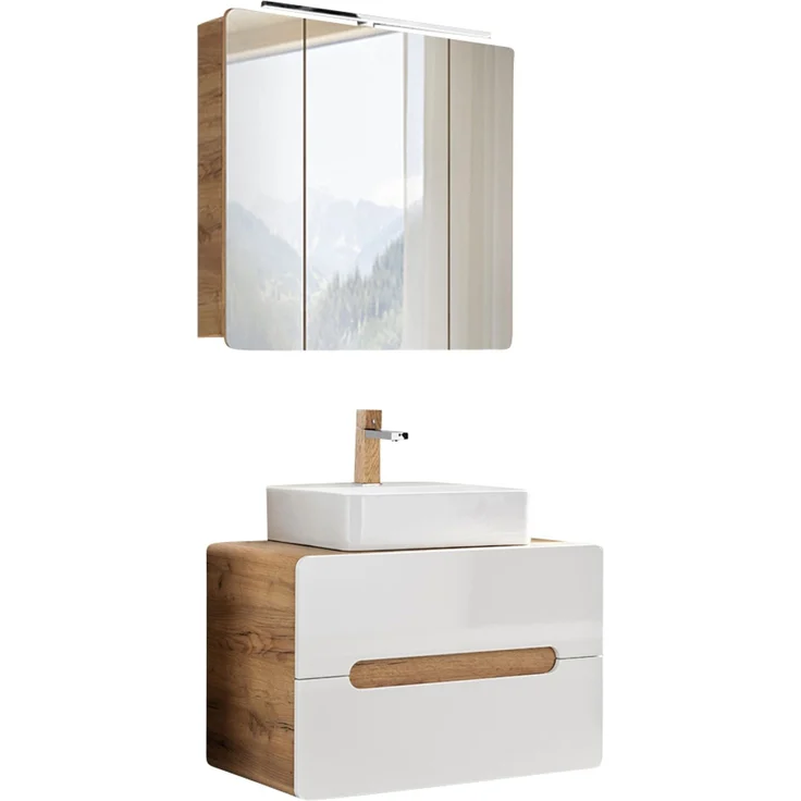 Badezimmer Waschplatz Set mit Keramik Aufsatzbecken Hochglanz weiß mit Wotan Eiche Nb. LUTON-56, B/H/T ca. 80/200/46 cm – Bild 7
