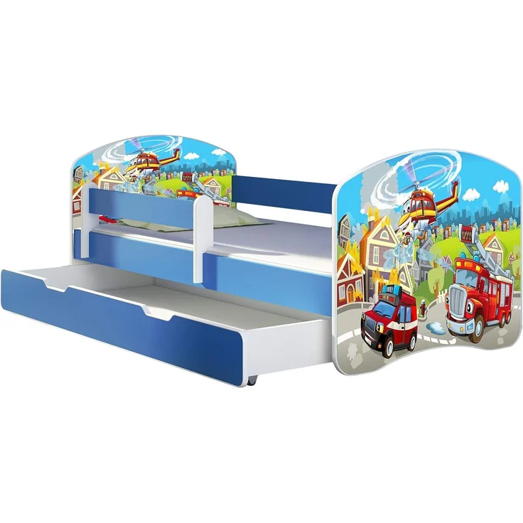ACMA Kinderbett Jugendbett mit Einer Schublade und Matratze Blau mit Rausfallschutz Lattenrost II 140x70 160x80 180x80 (36 Feuerwehr, 180x80 + Bettkasten) – Bild 1