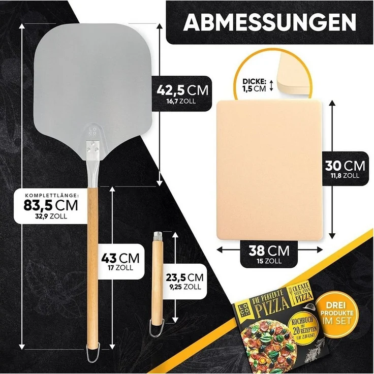 Loco Bird Pizzastein für Backofen & Gasgrill, rechteckig aus Cordierit, Cordierit, (Set, 3-St, inkl. Pizzaschieber und Rezeptbuch), für eine Pizza wie in Italien: authentischer Geschmack für Zuhause – Bild 2