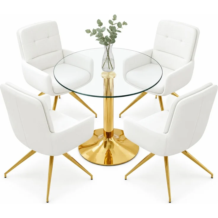 Essgruppe mit rundem Glastisch und 4 Drehstühlen, Ø 85x76 cm, Transparent/Weiß-Gold – Bild 6