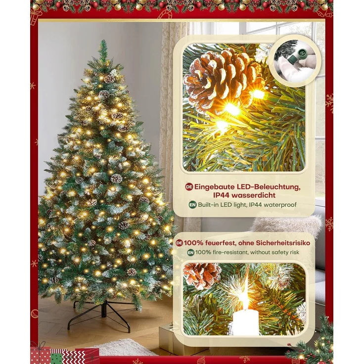 Yorbay Künstlicher Weihnachtsbaum Künstlicher Tannenbaum mit LED Beleuchtung, Schnee, Kiefernzapfen, 150 / 180 / 210 cm auswählbar, mit Ständer, Weihnachtsbaum Christbaum für Weihnachten-Dekoration – Bild 4
