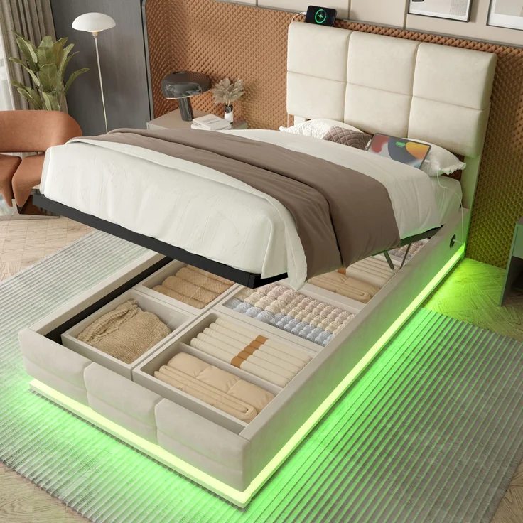 TavilaEcon Boxspringbett Modernes Polsterbett mit höhenverstellbarem Kopfteil & LED-Beleuchtung beige Liegefläche 90 × 200 cm – Bild 1