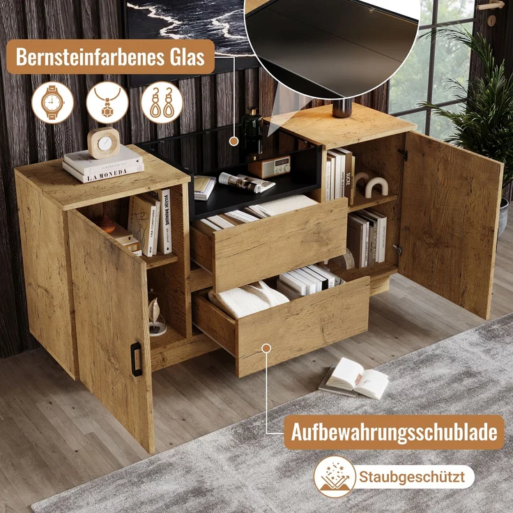 Merax Kommode Sideboard mit 2 Schubladen + 2 Schränken (innen höhenverstellbar) & offenem Fach - ESG-Glas & schwarze Griffe, H70/B140/T40 cm – Bild 7