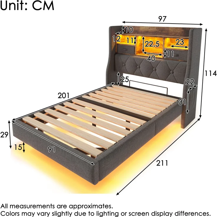 Polsterbett 90x200 cm Schwebebett mit LED-Beleuchtung, Kopfteil und Ladestation(1 Type-C, 3 USB-Anschlüsse), Modern Einzelbett mit Stauraum-Kopfteil und lattenrost, Leinen, Grau(Ohne Matratze) – Bild 2