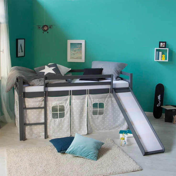 Hochbett mit Matratze 90x200 Rutsche Stockbett Grau Kinderbett Holz Kiefer Vorhang Sterne Lattenrost – Bild 2
