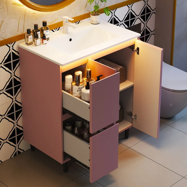 Waschtischunterschrank 76x47x89 cm in Rosa, mit Keramikbecken und LED-Sensorlicht – Bild 2