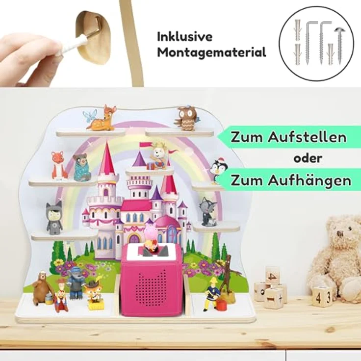 stadtecken Holzregal für Musikbox I Geeignet für die Toniebox und ca. 50 Tonies I Perfekte Tonie Aufbewahrung im Kinderzimmer I Zum Aufstellen oder Aufhängen I Märchenschloss, groß – Bild 7