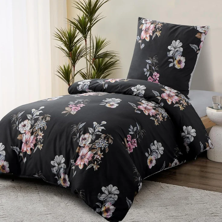 Bettwäsche Set 155x220 Schwarz Blumen Mikrofaser Reißverschluss Bügelfrei – Bild 2