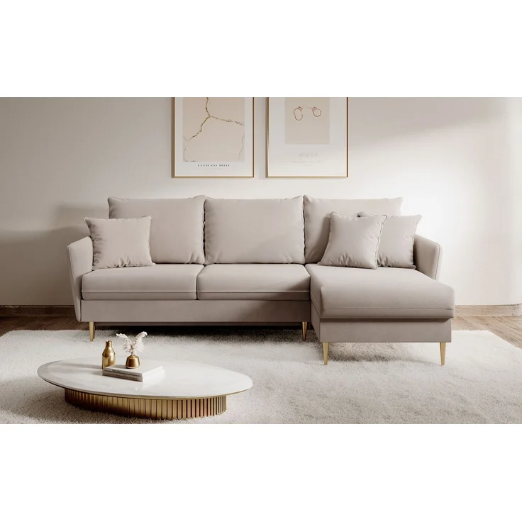 Selsey 'Volio' Ecksofa mit Schlaffunktion, Samt wasserabweisend, Goldene Beine, Beige – Bild 2