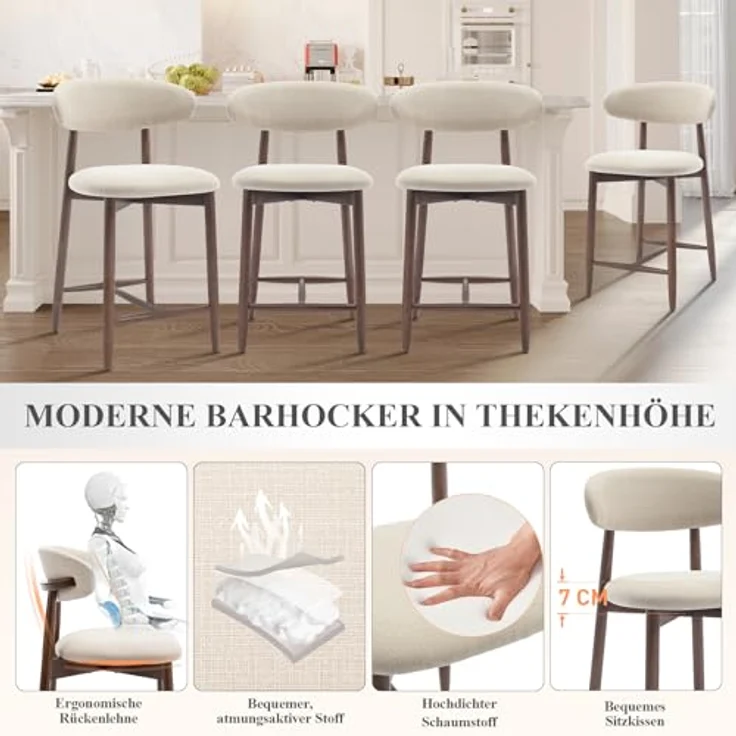 COLAMY Barhocker 2er Set, Tresenhöhe, Küchenhocker mit Rückenlehne, gepolstert im Mid-Century-Modern-Stil, mit Holzbeinen für Kücheninsel und Esszimmer, Beige – Bild 3