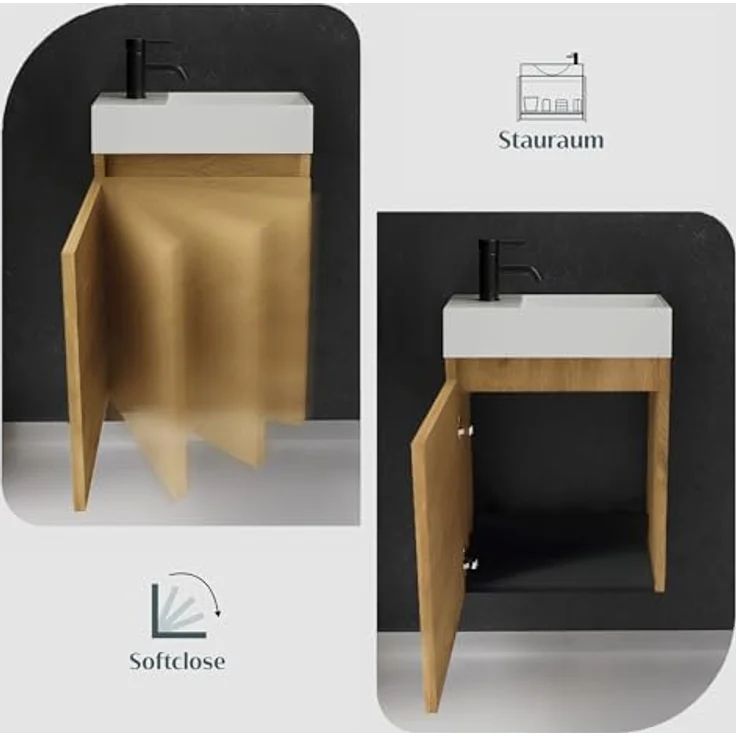 Alpenberger Badmöbel-Set Gäste WC Waschbecken mit Unterschrank - Badschrank Hängend, (2-tlg. Waschtisch Set Eiche Natur, Waschbeckenunterschrank mit Softclose), Waschplätze für Kleine Bäder - Badschrank Hängend und Vormontiert – Bild 5