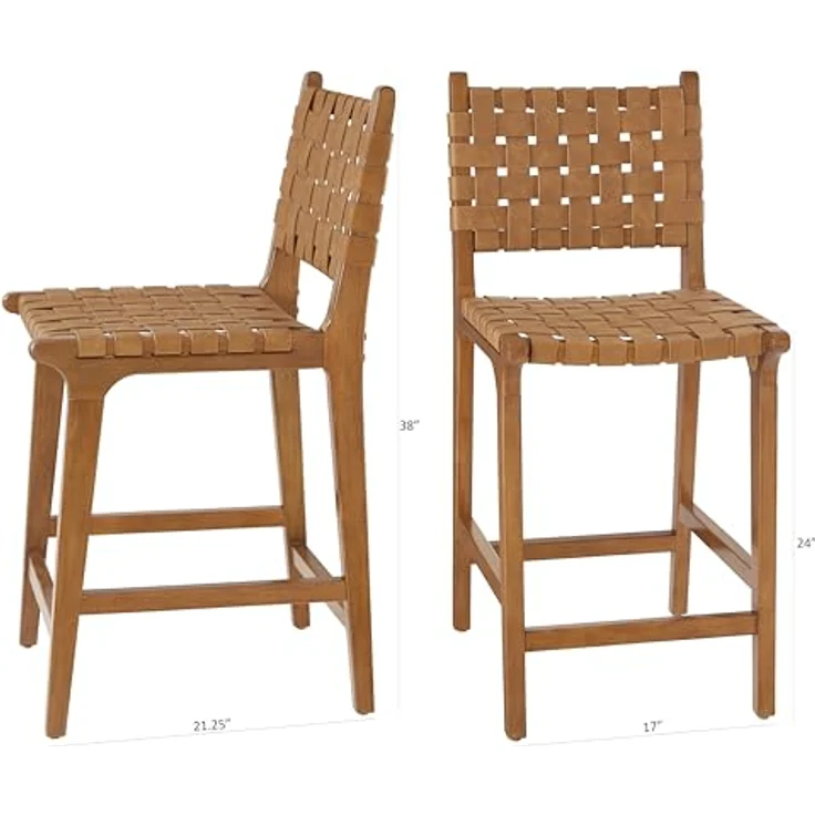 Ball & Cast PU Leder gewebt Counter Hocker, Holzrahmen Küche Insel Barhocker mit Fußstütze, Rückenlehne Geflecht Hocker-Stuhl für das Esszimmer, Braun – Bild 4