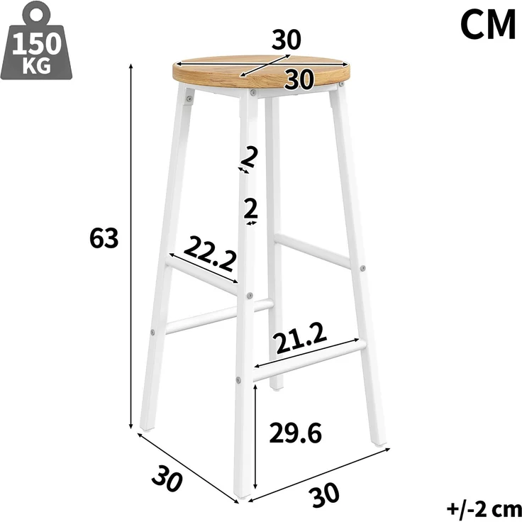 2-Set Barhocker mit Holzoptik-Sitz, 63cm, belastbar bis 150kg pro Hocker, mit zwei Fußstützen & verstellbaren Füßen, Weißer Metallrahmen--Weiß--30x30x63cm--YOUDENOVA – Bild 4