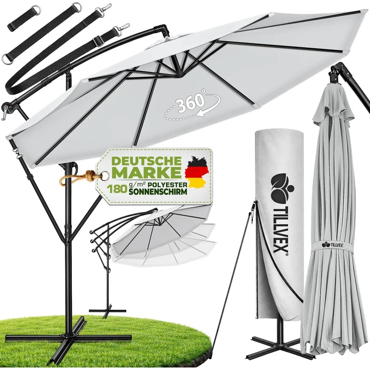 tillvex Sonnenschirm Grau Ø 350 cm Ampelschirm Gartenschirm Marktschirm Kurbel Balkon Alu Neigbar Grau - Ø350cm – Bild 1