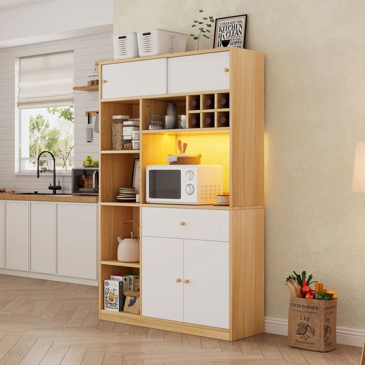 ZUBALIYA Buffetschrank 115x35x180 cm, mit LED-Beleuchtung, aus Spanplatte, Weiß / Natur – Bild 9