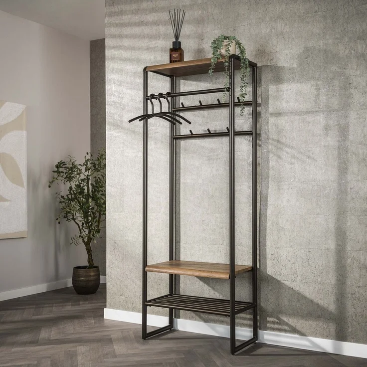 Garderobenmöbel Onul 70 cm Metall Bronze mit Ablagen in Eichenoptik – Bild 2