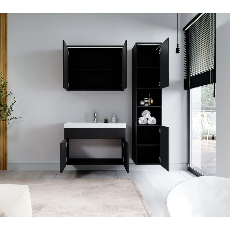 Badplaats Badmöbel Komplettset Paso LED 80 x 40 cm Schwarz Matt - Badezimmermöbel mit Waschbecken, Spiegelschrank und Badezimmerschrank – Bild 3