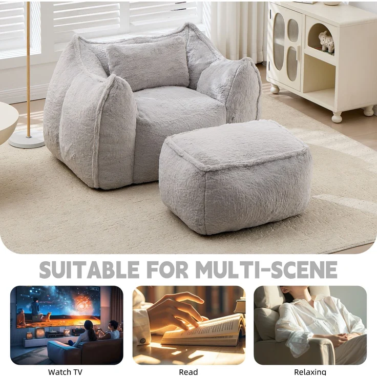 Riesiger Sitzsack für Erwachsene und Kinder, Sitzsack-Sofa mit Kunstfellbezug, Kissen und Hocker, bequemes Lese- und Spielsofa für Schlaf- und Wohnzimmer, Grau--Grau--123x157x73cm--YOUDENOVA – Bild 7