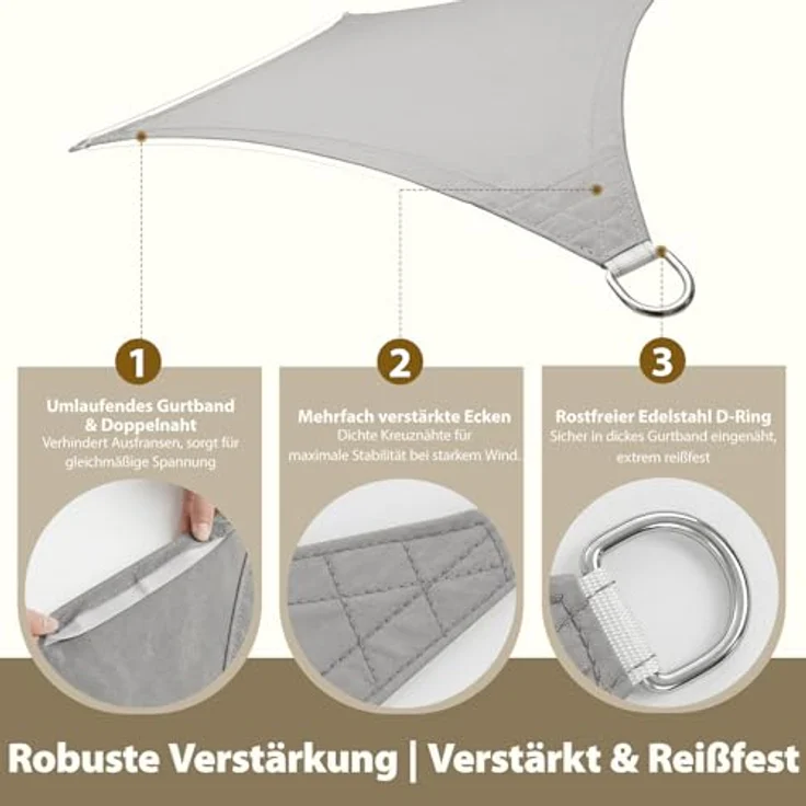 Sekey Sonnensegel Wasserdicht 2x3 m Rechteckig – ohne Mittelnaht, hochdichtes PES 160g/m², mit Edelstahl-Ringen & Lotus-Effekt, reißfest & 95% UV-Schutz, für Balkon Terrasse Garten, Hellgrau – Bild 5