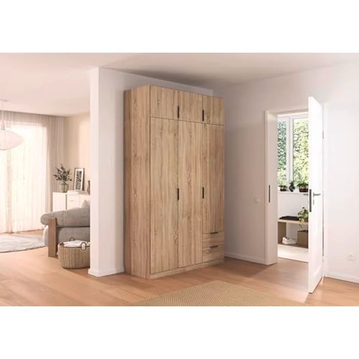 Rauch Möbel Lagoa, Kleiderschrank, Garderobe für Schlafzimmer, Kinderzimmer, Jugendzimmer 6-türig, 2 Schubladen, mit Zubehör Premium, Farbe Eiche Sonoma, Holz, Breite 136 – Bild 3