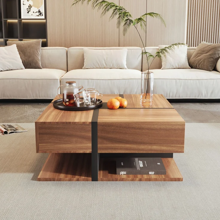 Merax Hochglanz-Couchtisch, Tisch mit 4 Schubladen, einzigartige Farbabstimmung und Liniendesign, Stauraum unten, braun – Bild 3