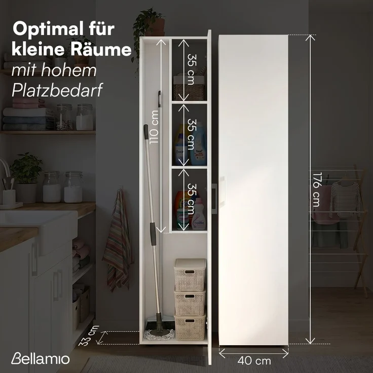 Bellamio 'Apol' Mehrzweckschrank schmal, weiß, 176x33x40 cm, Besenschrank mit Staubsaugerfach und 3 kleinen Fächern – Bild 6