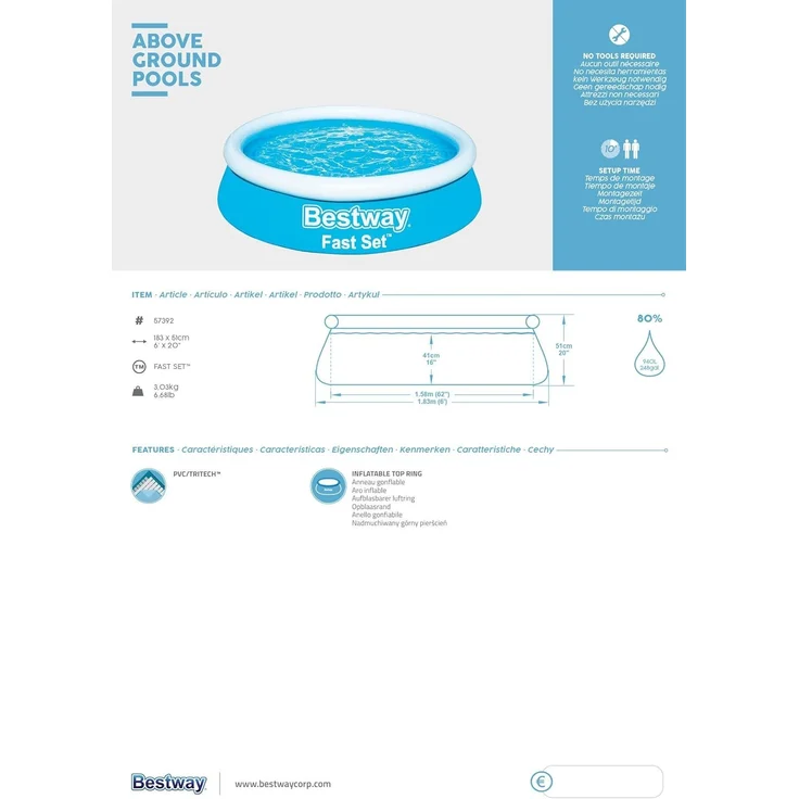 Bestway Fast Set Aufblasbarer Pool Rund 183x51 cm Blau 92844 – Bild 16