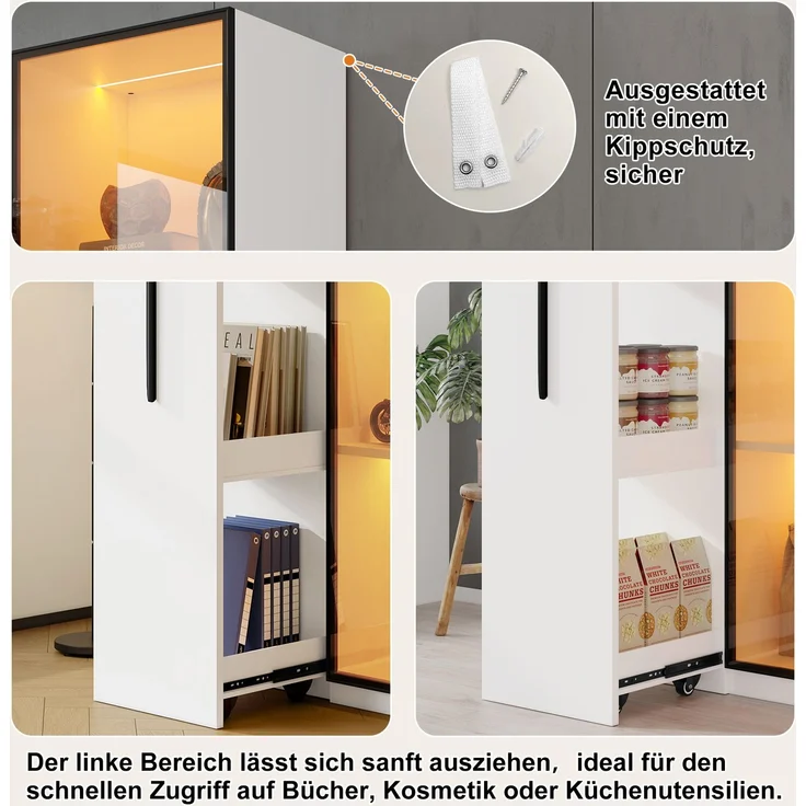 ZUBALIYA Multifunktionsschrank 160 cm hoch – Bücherregal und Vitrine mit Türen aus gehärtetem Glas, Türrahmen aus Aluminium, 1 Tür, 1 seitliche Schublade, mit Rollen und LED-Beleuchtung – Vitrine, Esszimmersch – Bild 8