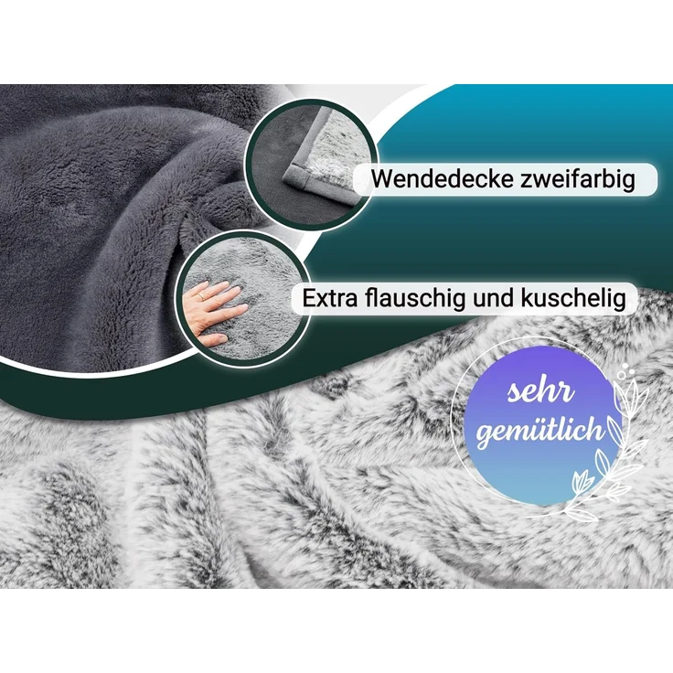 ZOLLNER Kunstfelldecke 100% Polyester in der Größe 220x240 cm, grau – Bild 2