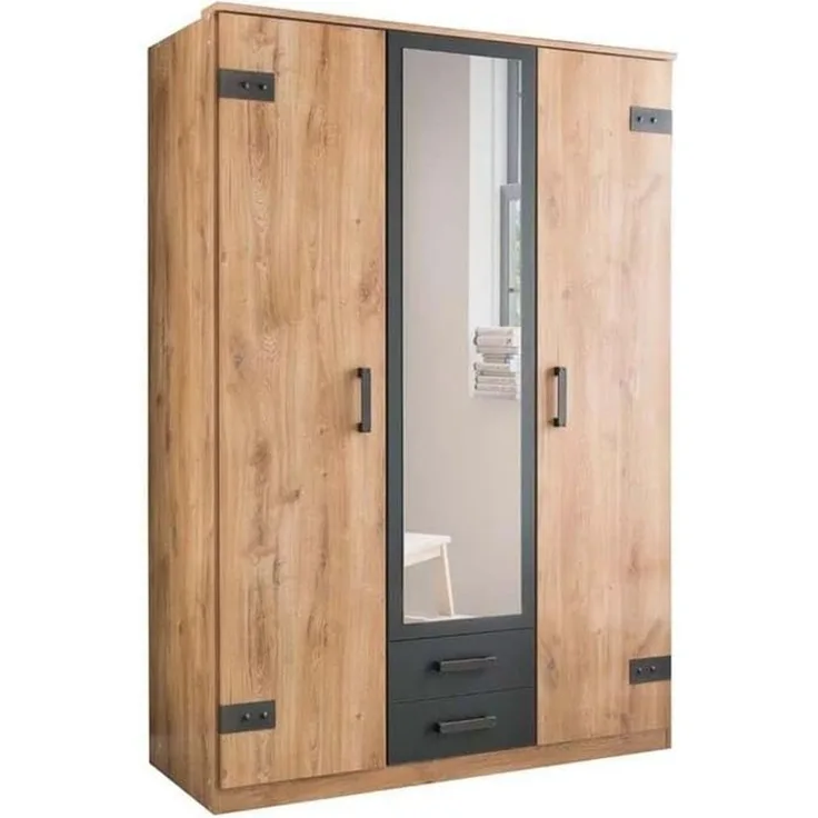 Drehtürenschrank Country / Cork, Holzwerkstoff, Holzfarben, Verspiegelt, 135 x 199 x 58 cm