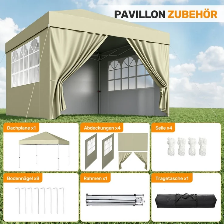 Hawthyhome Faltpavillon 3x3 Pop-Up Partyzelt, wasserdicht & UV50+, One-Touch-Schnellaufbau, 3 Höhenstufen, stabiles Kohlenstoffstahl-Gestell, inkl. 4 Seitenwände & Tragetasche, für Garten, Terrasse & Gartenpartys, Beige – Bild 7