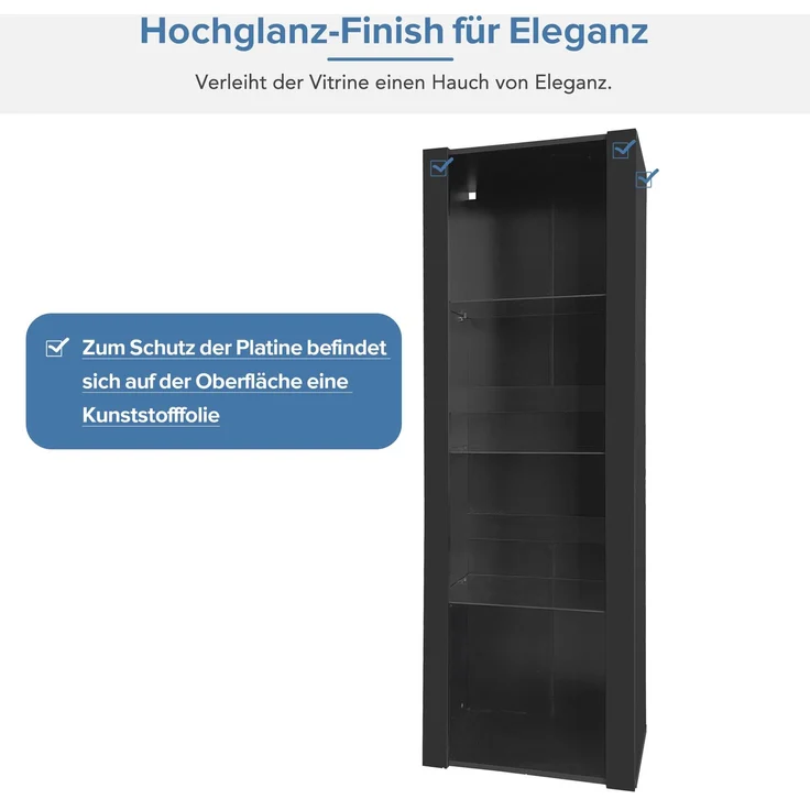 Merax Schwarzer Hochglanz-Vitrinenschrank mit LED-Beleuchtung, 3 Glasfächer, 55*38*166cm, Vitrine, Stehschrank, Hochschrank, Lagerschrank – Bild 5