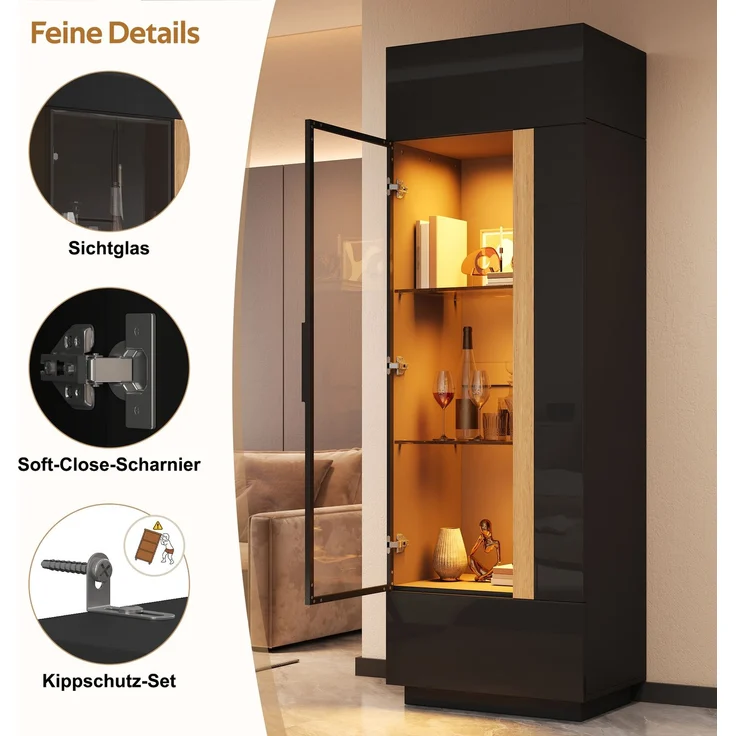 ZUBALIYA Vitrine (60 x 40 x 180 cm), LED - Beleuchtung, Glastüren, Aufbewahrung für Sammlerstücke, Geschirr und Dekoration, Schwarz – Bild 15