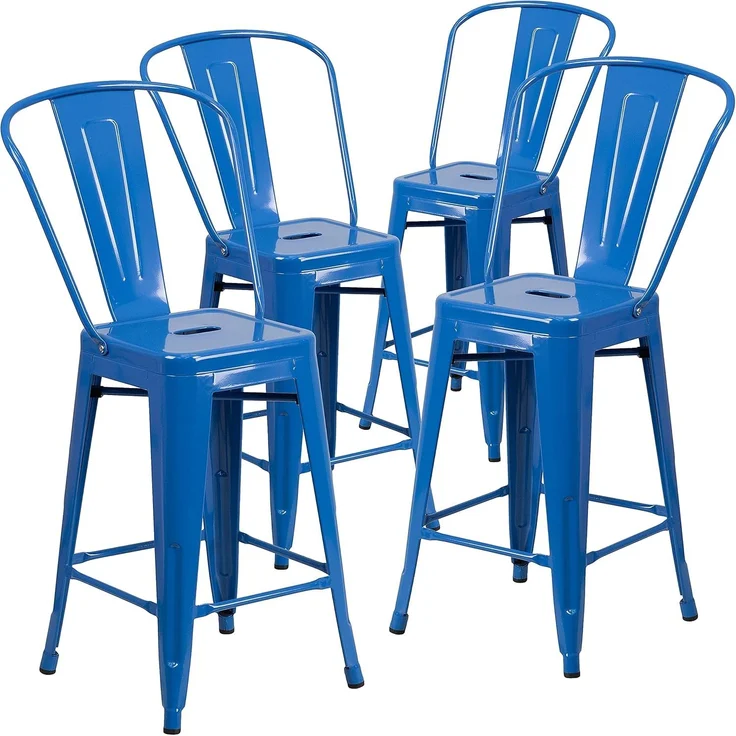 Flash Furniture Commercial Grade 4 Pack 61 cm High Metall Indoor Outdoor Hocker mit Rückenlehne, Kunststoff, verzinkter Stahl, blau, 4 Stück