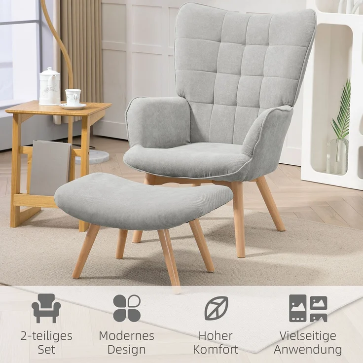 Ohrensessel mit Hocker 72 x 80 x 101 cm – Relaxsessel in Grau mit Holzbeinen und gepolstertem Sitz – Bild 6