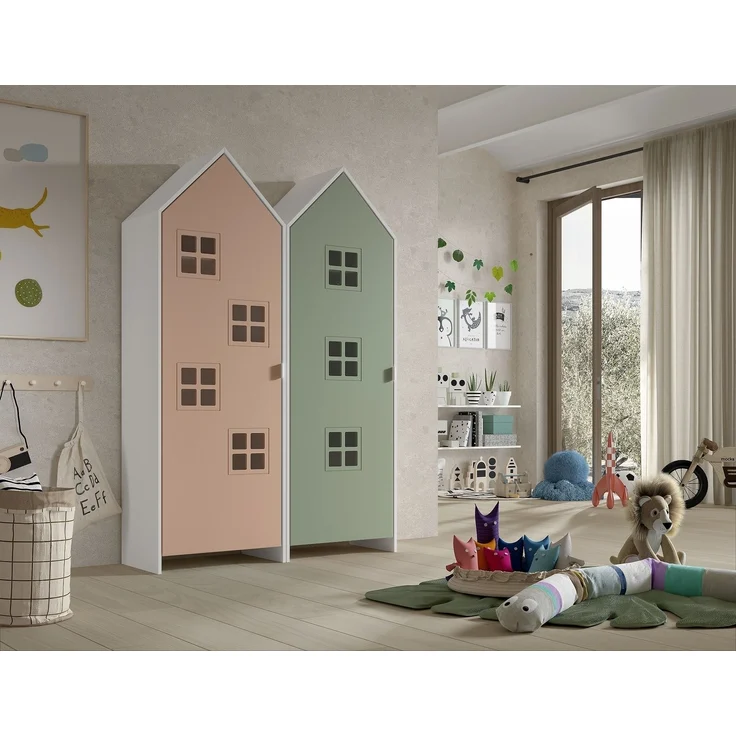 Kleiderschrank >CASAMI BRUGES< in Korpus Weiß / Front Pink u. Grün, MDF – Bild 1
