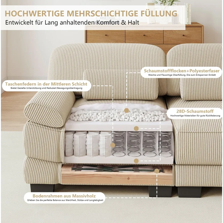 DESVIAE Sofa Beige aus Cord – 336x88,5x94 cm – Lendenkissen, modulare Elemente – Bild 4