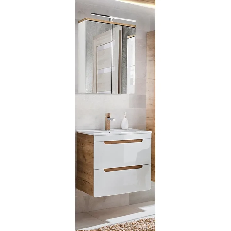 Badezimmer Waschplatz mit 61 cm Keramikwaschtisch LUTON-56 Hochglanz weiß mit Wotan Eiche Nb, B/H/T ca. 60/200/46 cm