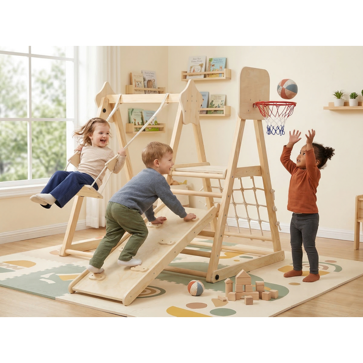 LVHOM Indoor Klettergerüst aus Massivholz, mit Kinderschaukel, Rutsche, Kletterwand & Basketballkorb, klappbar, Stabil bis 50kg, Natur
