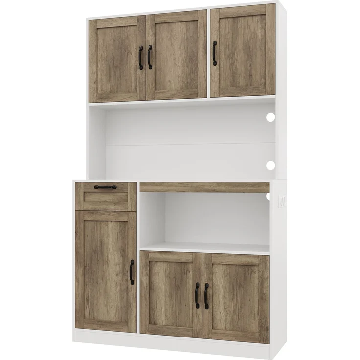 Küchenschrank, hoher Aufbewahrungsschrank mit LED-Beleuchtung und Steckdosen, Vorratsschrank mit 6 Türen und 1 Schublade, Vitrinenschrank für Wohnzimmer und Esszimmer, 110 × 40 × 180 cm--Weiß+Natur--110x40x180cm--YOUDENOVA – Bild 10